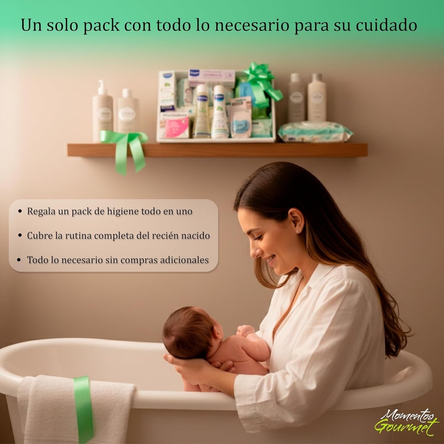 Canastilla de regalo MomentosGourmet con productos Mustela y Suavinex para el cuidado de recién nacidos