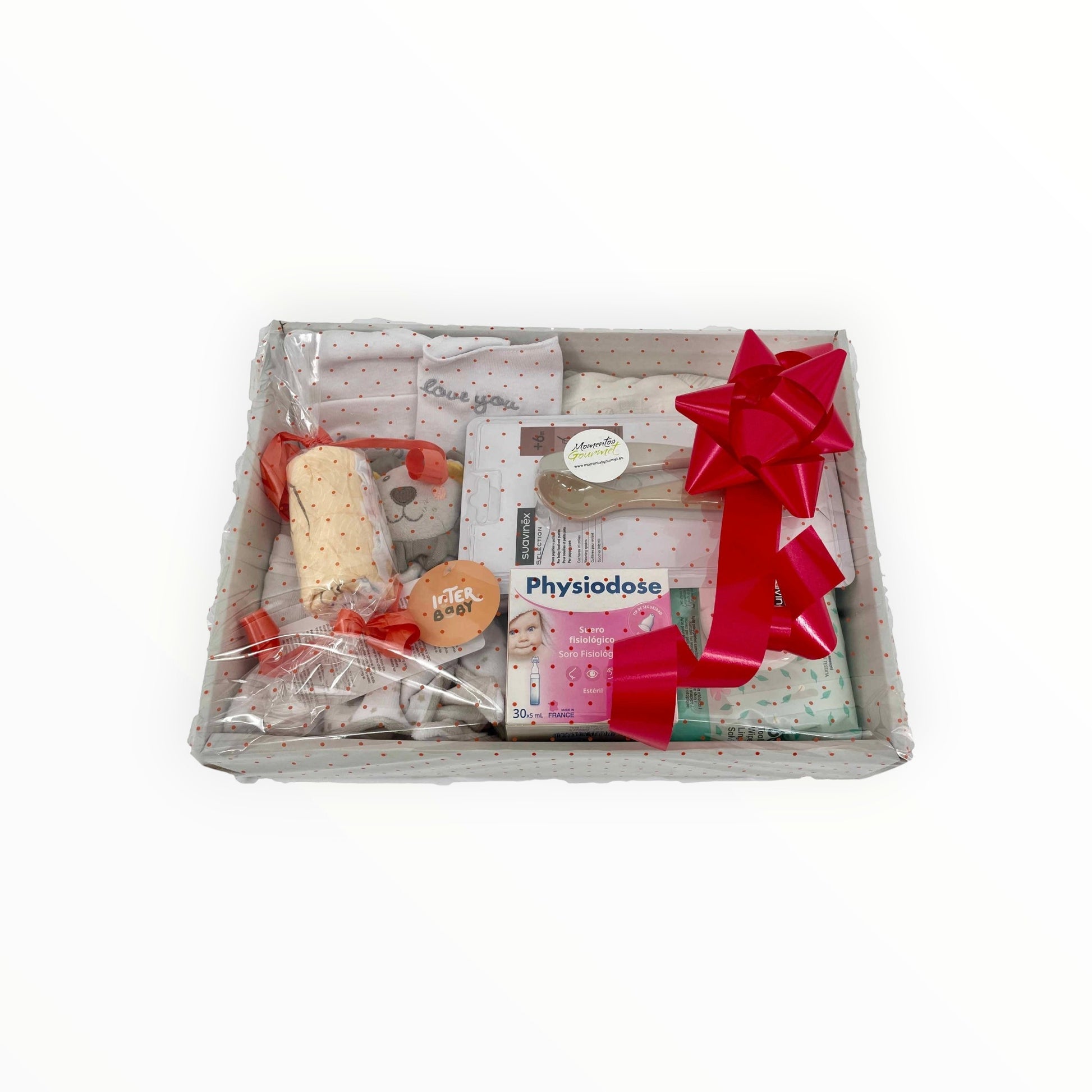 Canastilla de regalo MomentosGourmet para recién nacido con doudou de león, productos Suavinex y accesorios de bebé