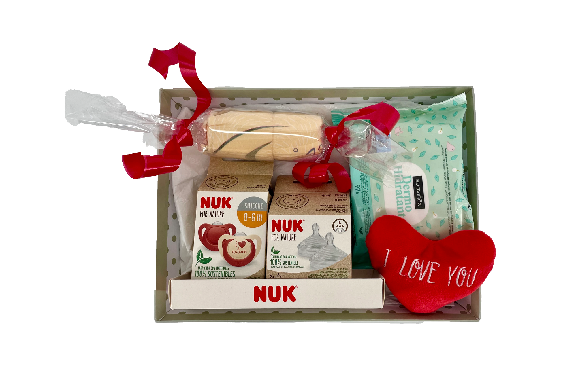 Canastilla de regalo MomentosGourmet con productos NUK para recién nacido, incluyendo chupete, tetinas y toallitas.