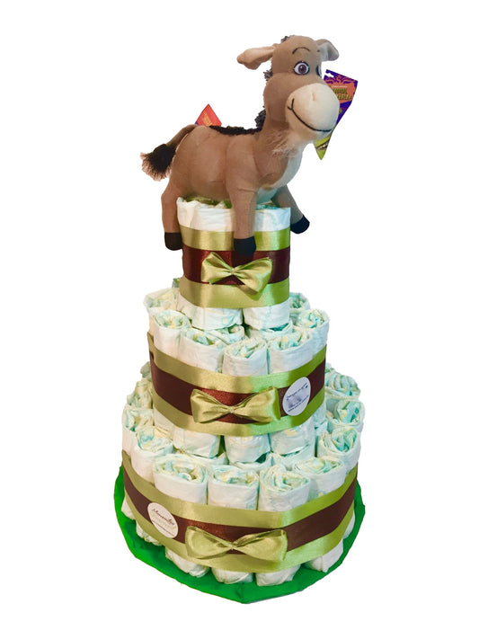 Tarta de pañales MomentosGourmet de tres pisos decorada con cintas verdes y marrones y un peluche de Asno de Shrek