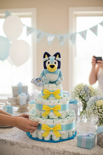 Tarta de pañales MomentosGourmet de Bluey con peluche oficial, lazos amarillos y decoración para baby shower