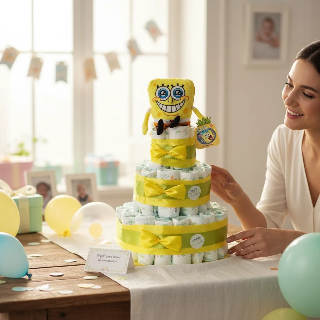 Tarta de pañales MomentosGourmet de Bob Esponja con peluche oficial, decorada con lazos amarillos para regalo de bebé