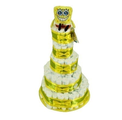 Tarta de pañales MomentosGourmet con peluche de Bob Esponja y cintas amarillas decorativas para regalo de bebé