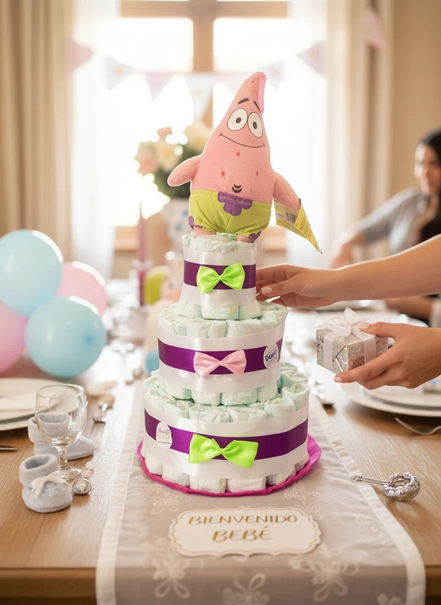 Tarta de pañales MomentosGourmet de tres niveles decorada con cintas y un peluche de Patricio Estrella para bebé