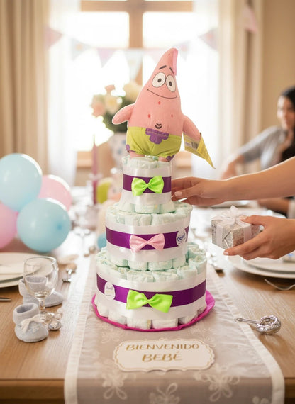 Tarta de pañales MomentosGourmet de tres niveles decorada con cintas y un peluche de Patricio Estrella para bebé
