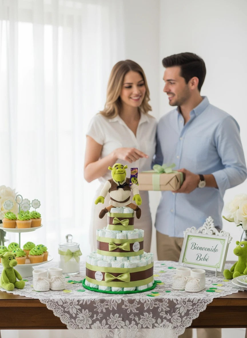 Tarta de pañales MomentosGourmet con peluche de Shrek, decorada con cintas verdes en una mesa de baby shower.