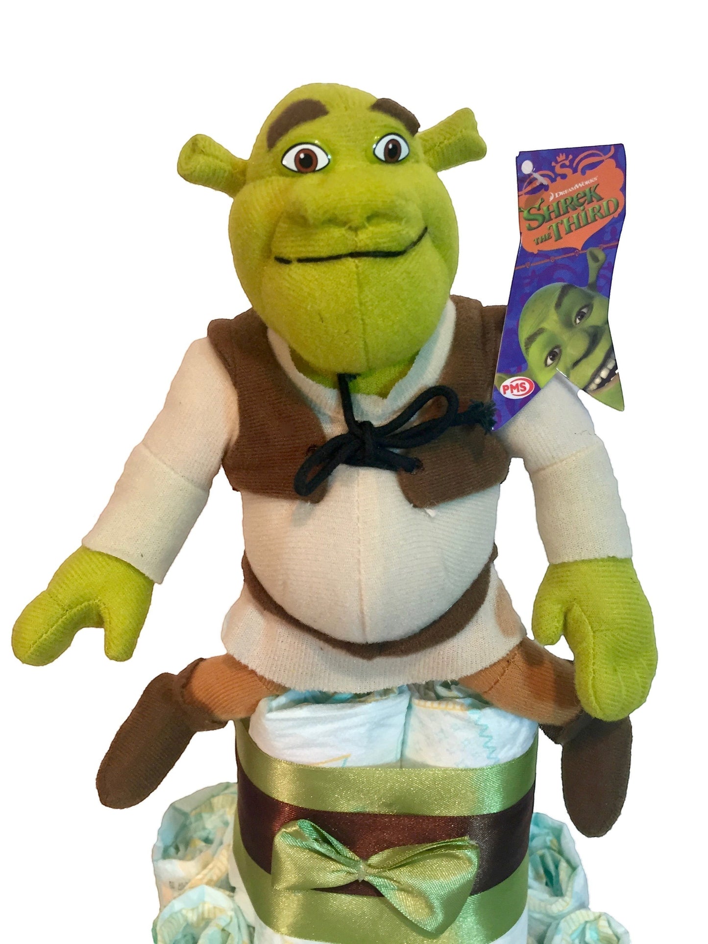 Tarta de pañales MomentosGourmet con peluche de Shrek de 20 cm sobre base de pañales Dodot para regalo de bebé