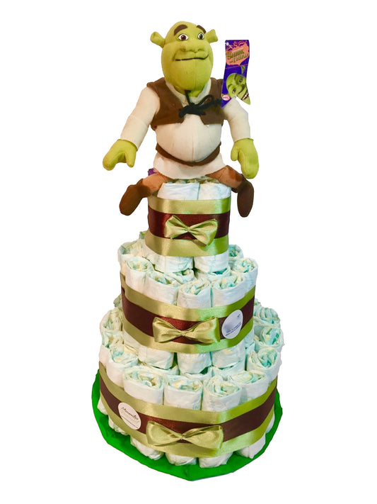 Tarta de pañales MomentosGourmet de tres pisos decorada con cintas y un peluche de Shrek de 20 cm para regalo