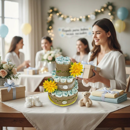 Tarta de pañales Summer de MomentosGourmet decorada con flores amarillas y yute en un baby shower