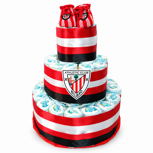 Tarta de pañales Athletic de Bilbao de tres pisos con patucos y escudo