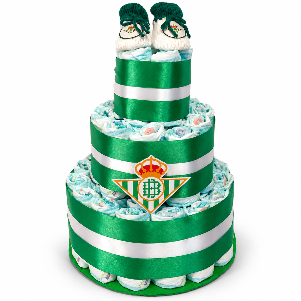 Tarta de pañales Real Betis de tres pisos con patucos y escudo