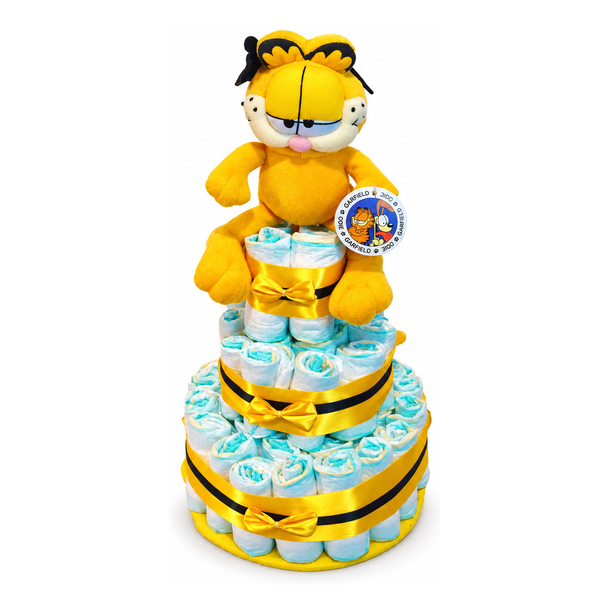 Tarta de pañales Garfield de tres pisos con cintas amarillas y negras