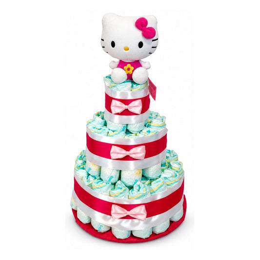 Tarta de pañales Hello Kitty de tres pisos con lazos rosas - MomentosGourmet