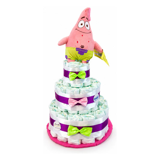 Tarta de pañales Patricio de tres pisos con cintas moradas y lazos verdes y rosa
