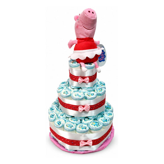 Tarta de pañales Peppa Pig de tres pisos con lazos rosas - MomentosGourmet