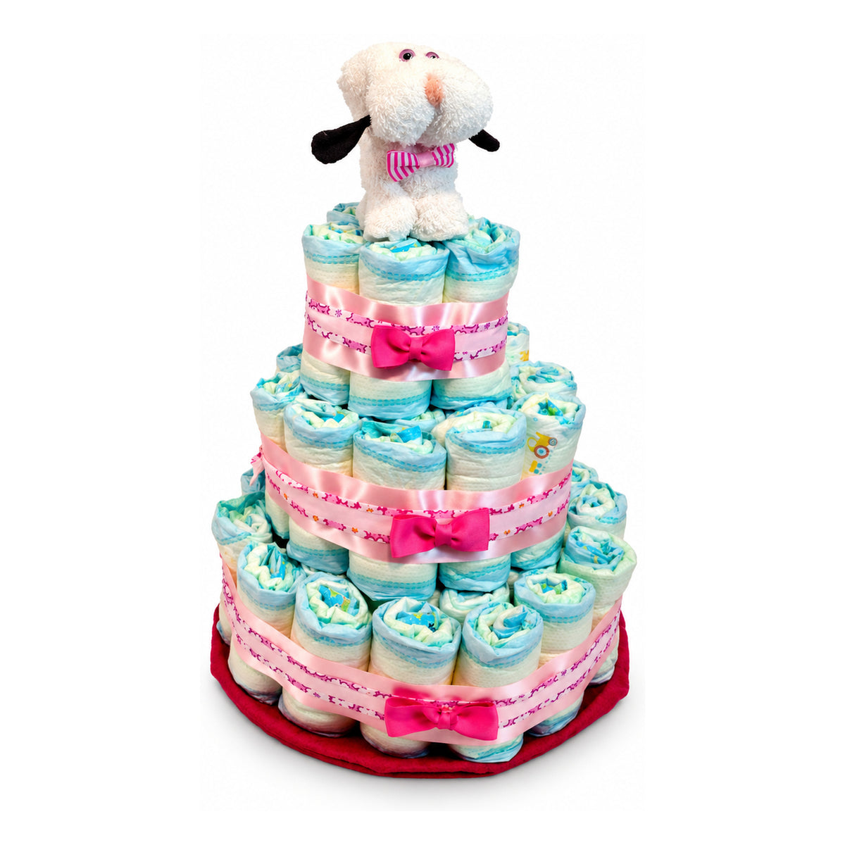 Tarta de pañales perrito toalla blanco y rosa de tres pisos con lazos fucsias