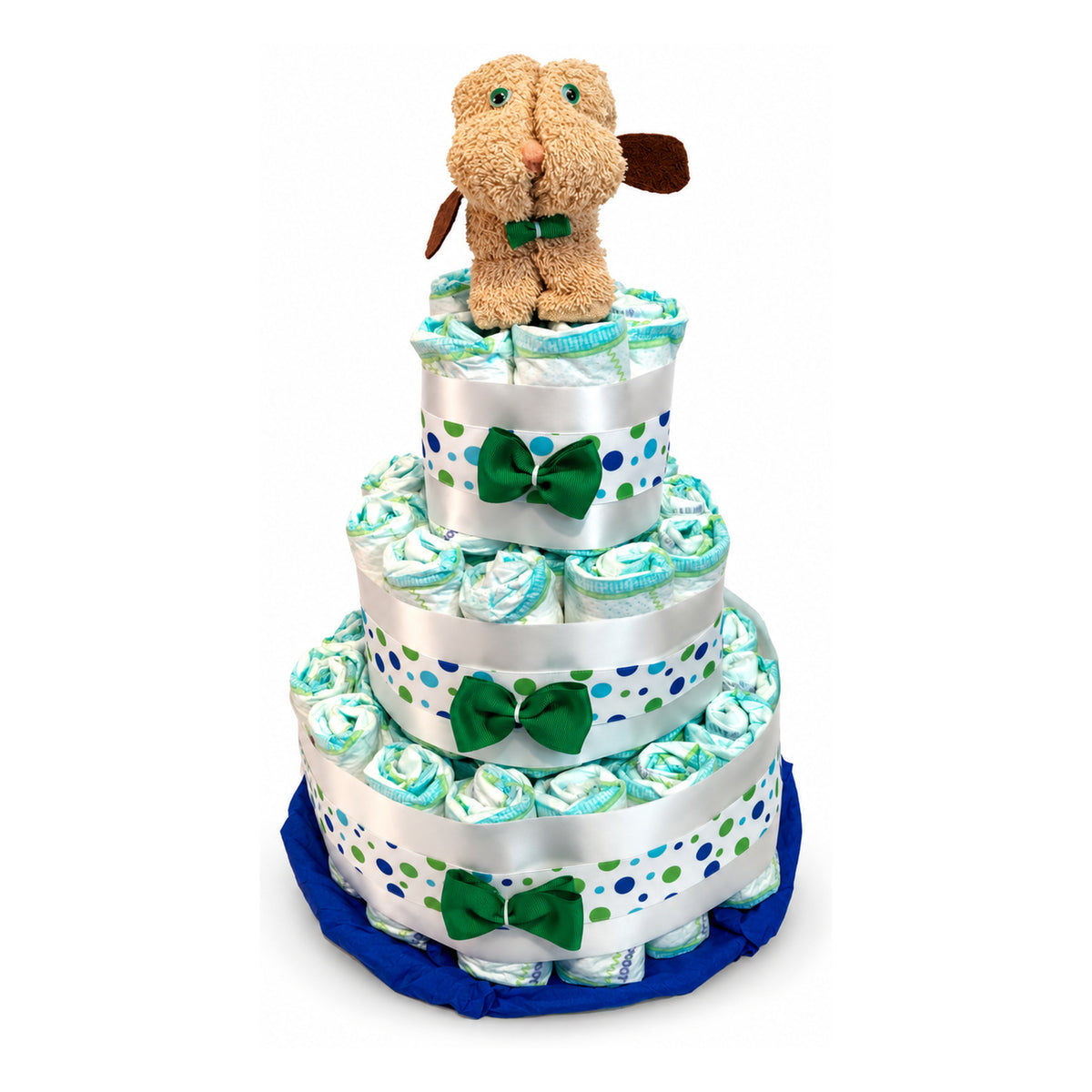 Tarta de pañales perrito toalla marrón de tres pisos con lazos verdes