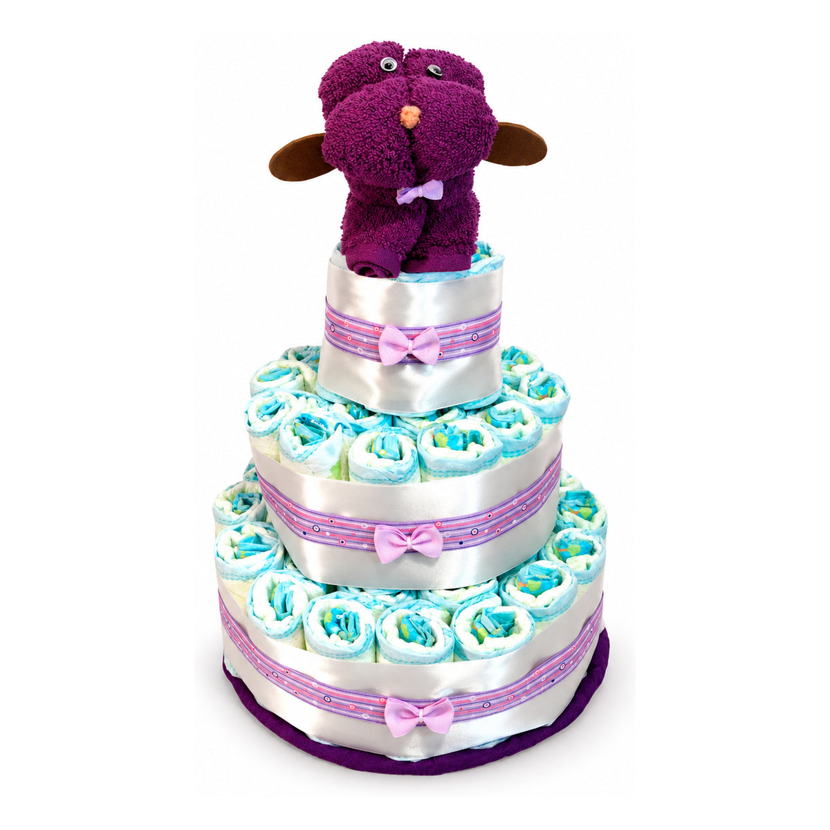 Tarta de pañales perrito toalla morado de tres pisos con lazos lilas