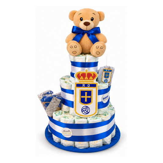 Tarta de pañales Real Oviedo con nuevo modelo de oso y lazo azul